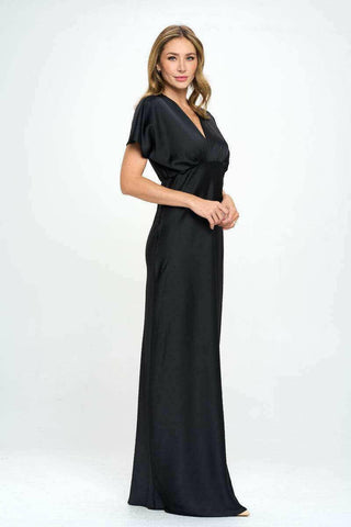 Satin Solid Deep V neck Formal Dress.