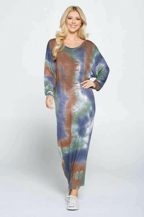 Tie Dye Long Sleeve Maxi Dress with Cuffed Sleeve.