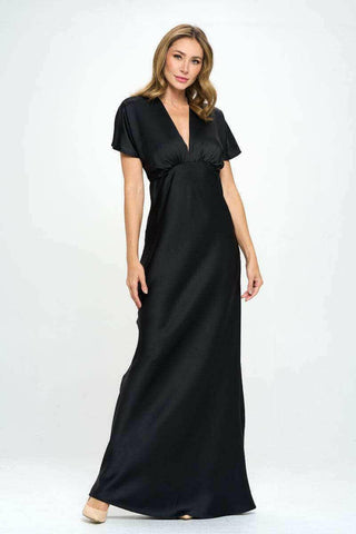 Satin Solid Deep V neck Formal Dress.