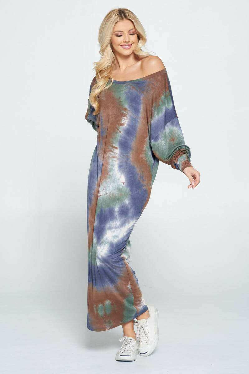 Tie Dye Long Sleeve Maxi Dress with Cuffed Sleeve.