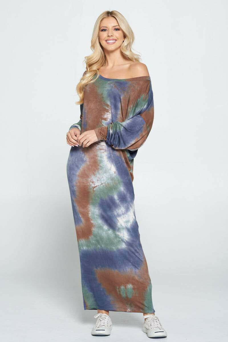 Tie Dye Long Sleeve Maxi Dress with Cuffed Sleeve.