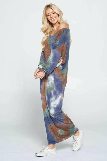 Tie Dye Long Sleeve Maxi Dress with Cuffed Sleeve.