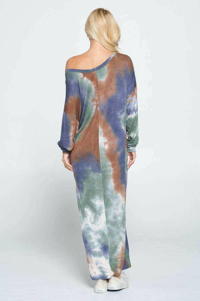 Tie Dye Long Sleeve Maxi Dress with Cuffed Sleeve.