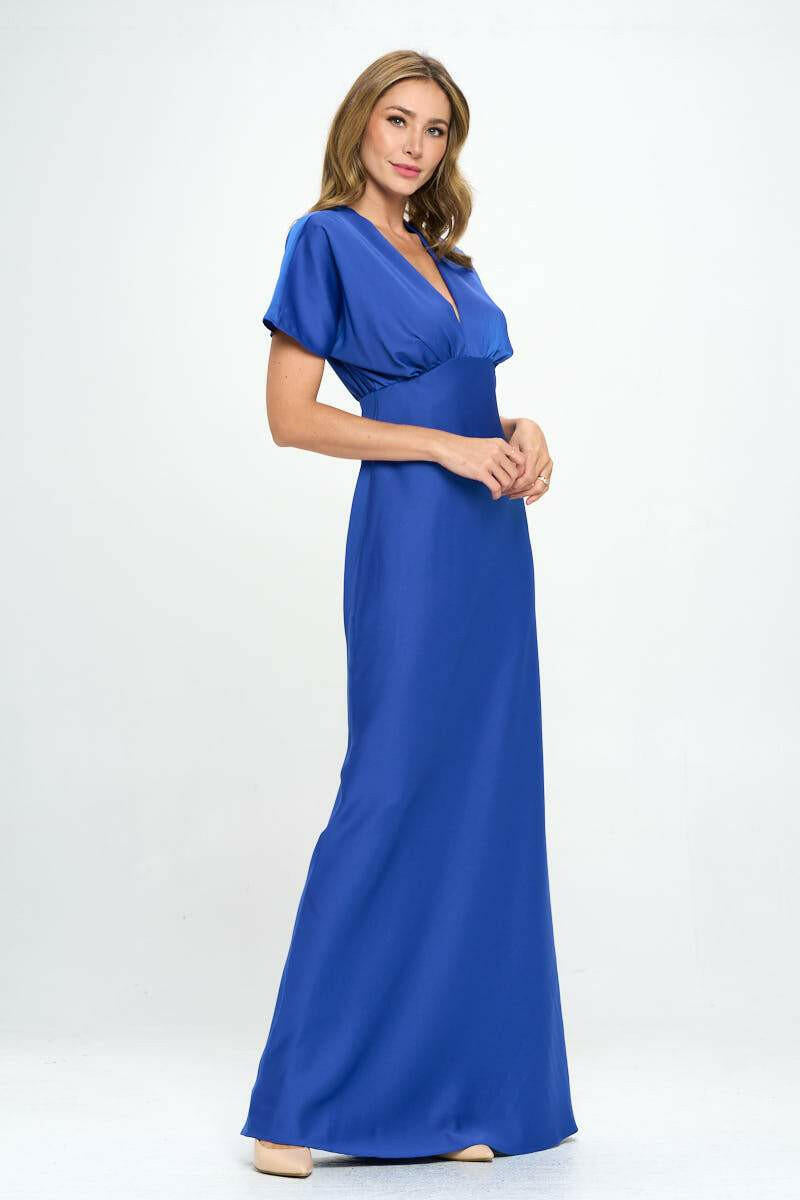 Satin Solid Deep V neck Formal Dress.