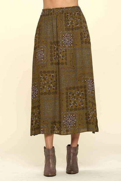 Paisley Patch Print Skirt with Side Slits.