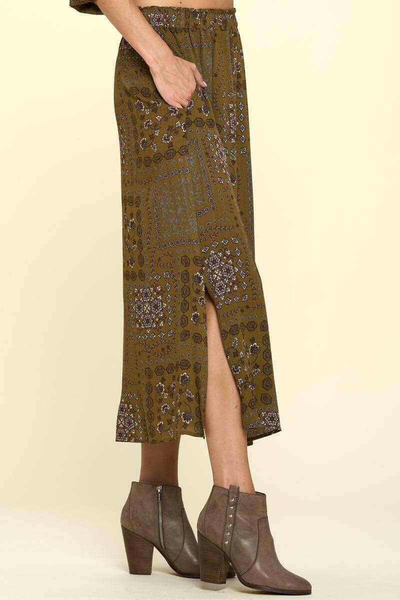 Paisley Patch Print Skirt with Side Slits.