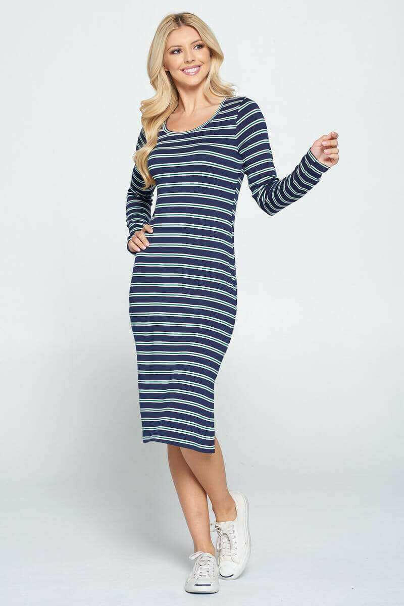 Striped Relaxed Bodycon Midi Dress with Slit.