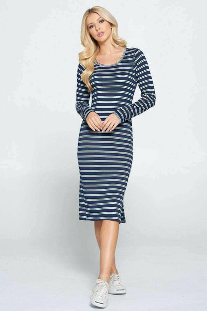 Striped Relaxed Bodycon Midi Dress with Slit.