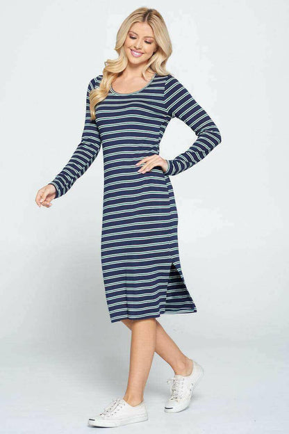 Striped Relaxed Bodycon Midi Dress with Slit.