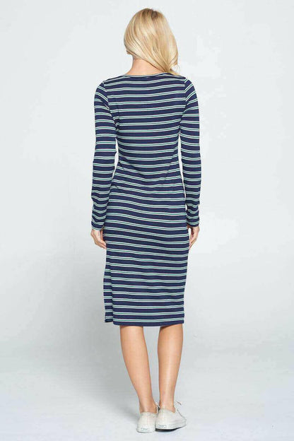 Striped Relaxed Bodycon Midi Dress with Slit.