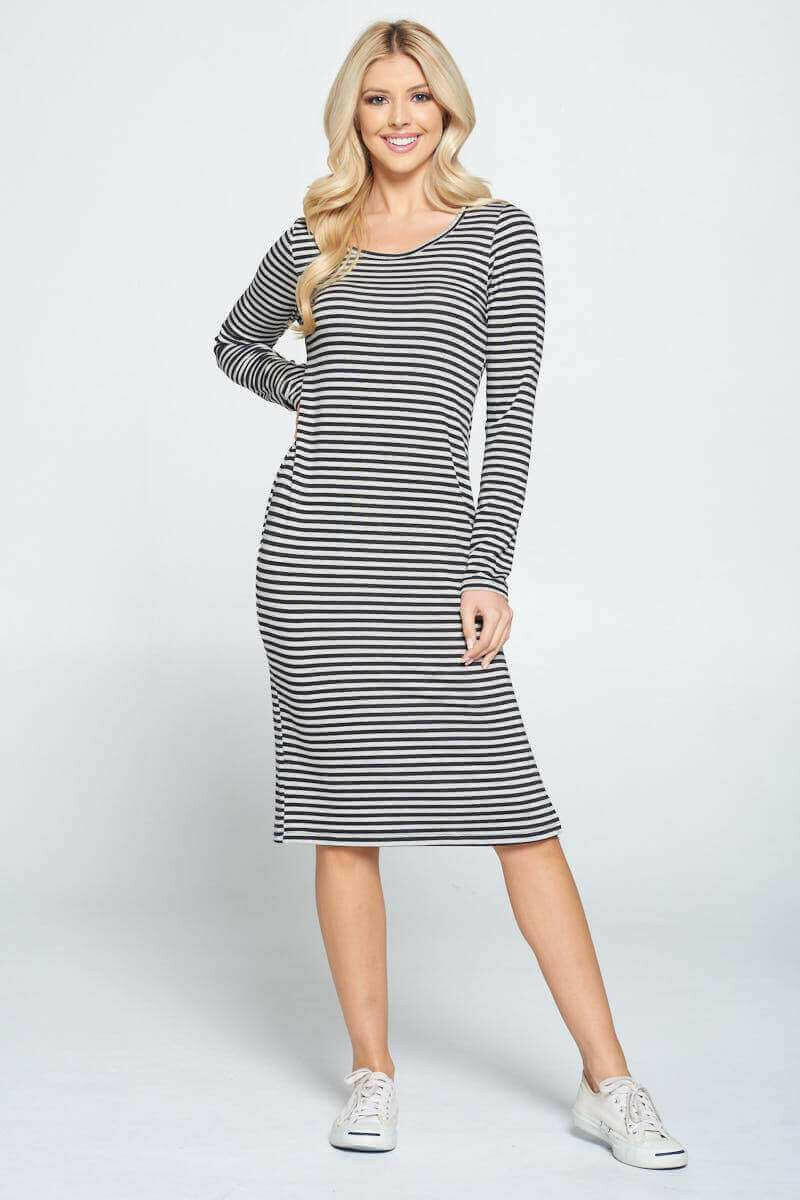 Striped Relaxed Bodycon Midi Dress with Slit.