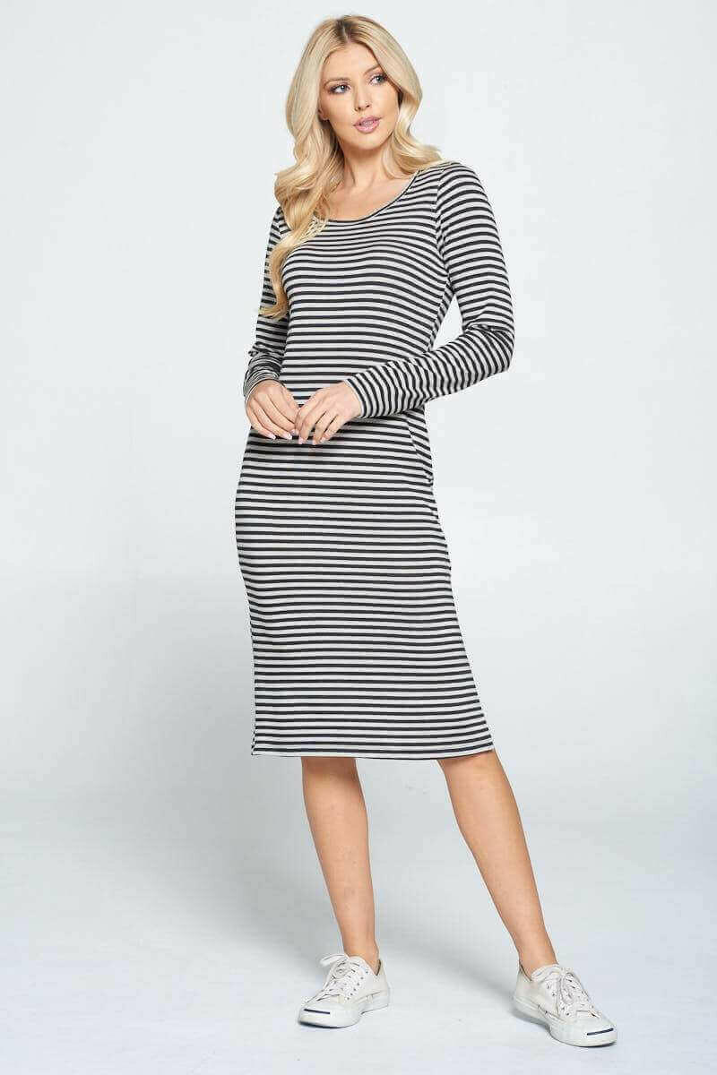 Striped Relaxed Bodycon Midi Dress with Slit.