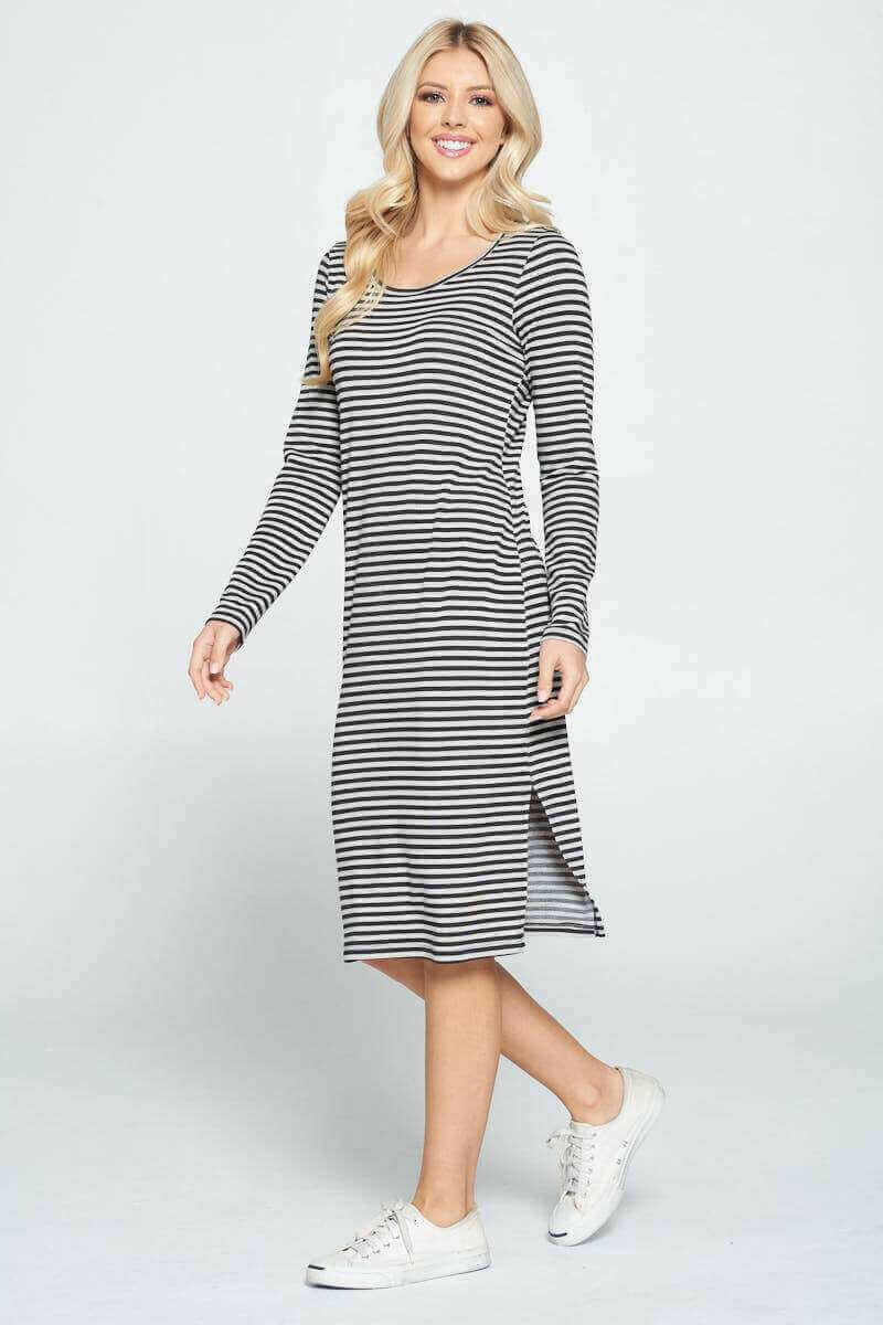 Striped Relaxed Bodycon Midi Dress with Slit.