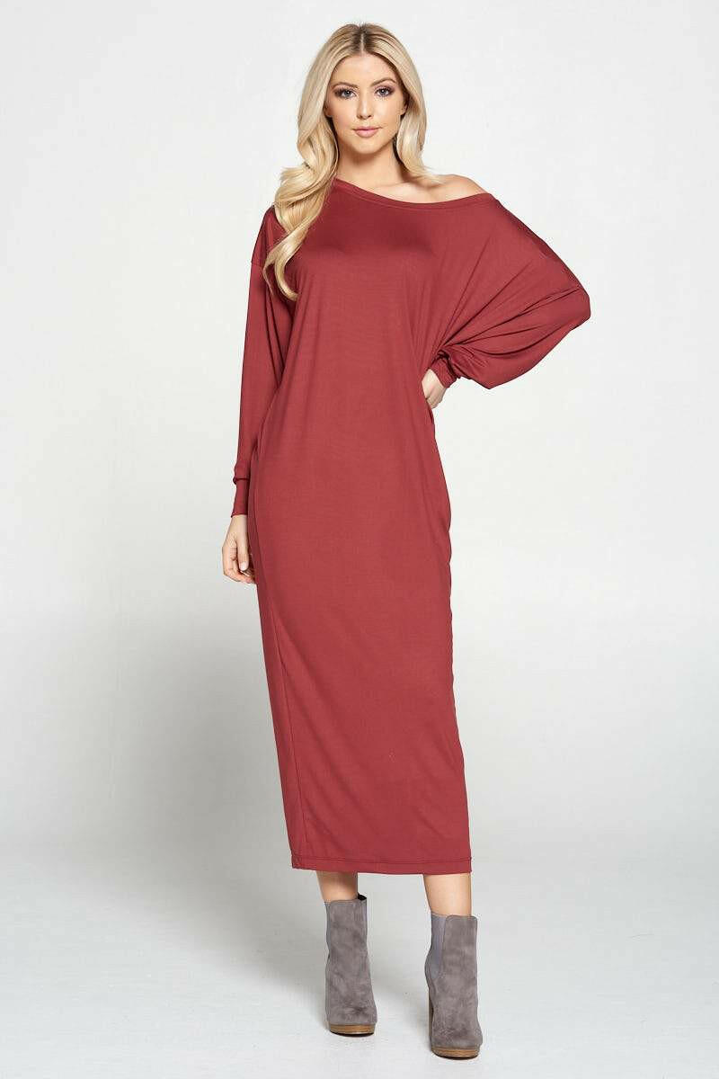 Solid Long Sleeve Maxi Dress with Cuffed Sleeve.