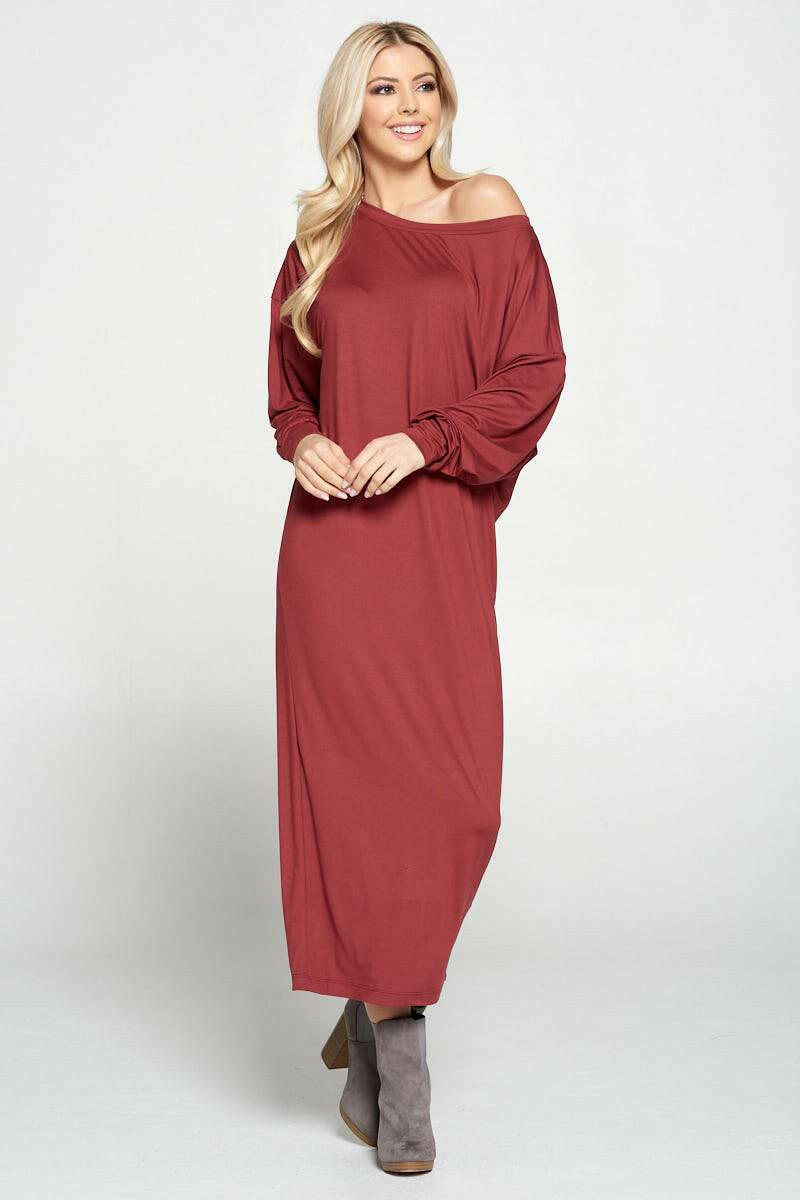 Solid Long Sleeve Maxi Dress with Cuffed Sleeve