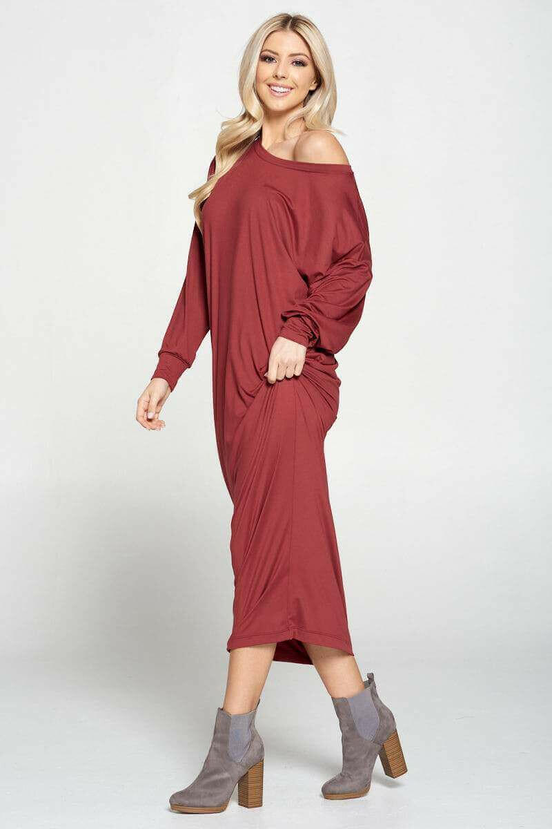 Solid Long Sleeve Maxi Dress with Cuffed Sleeve