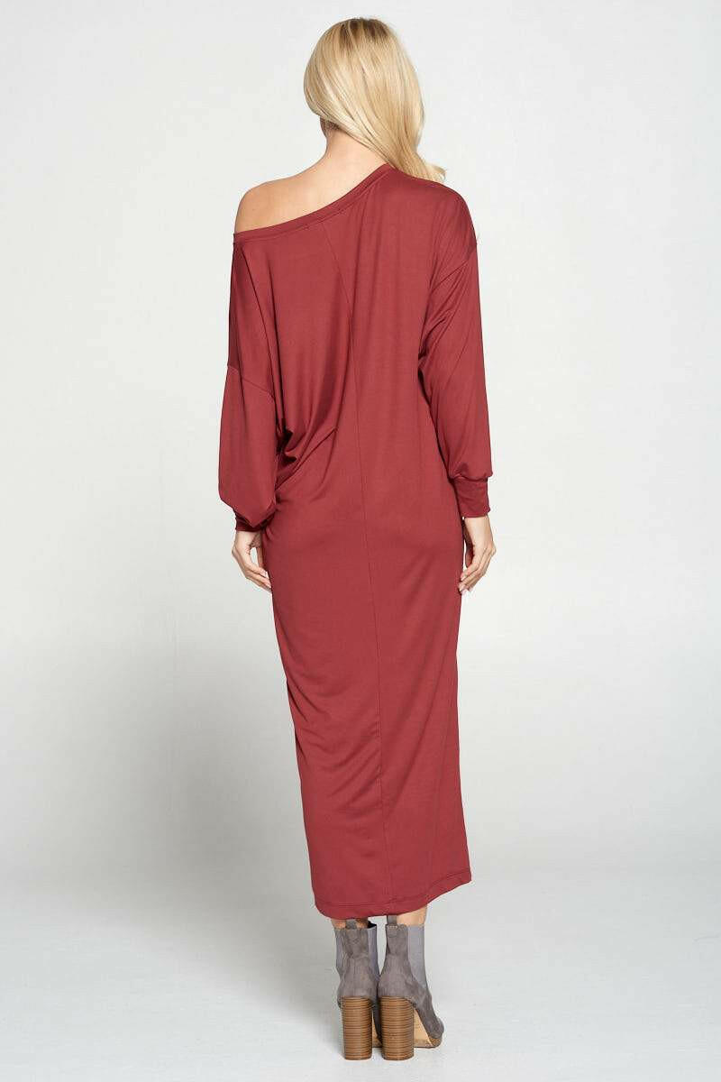Solid Long Sleeve Maxi Dress with Cuffed Sleeve