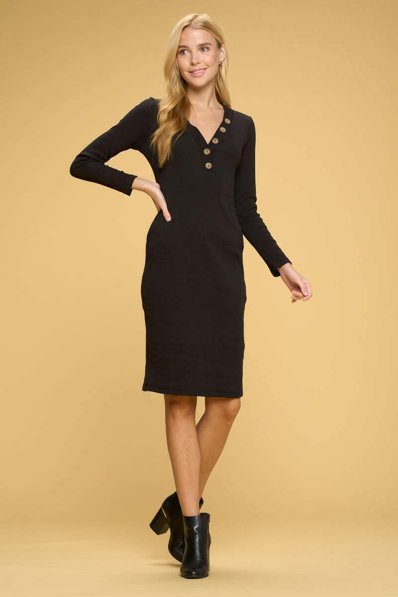 Cotton Rib Knit Midi Bodycon Dress with Buttons.