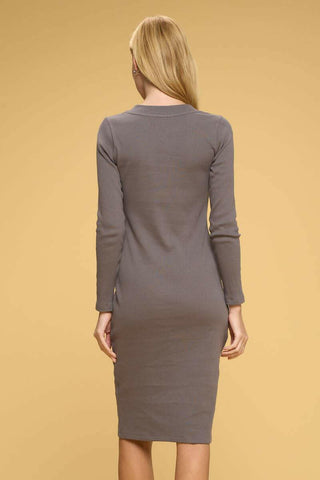 Cotton Rib Knit Midi Bodycon Dress with Buttons.