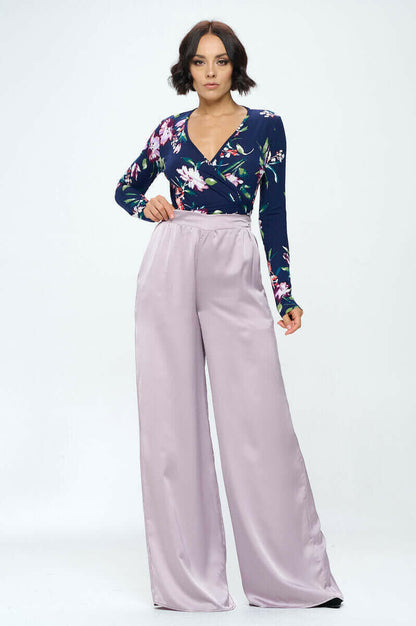 Stretch Satin Pants w/ Elastic Waist and Pockets.