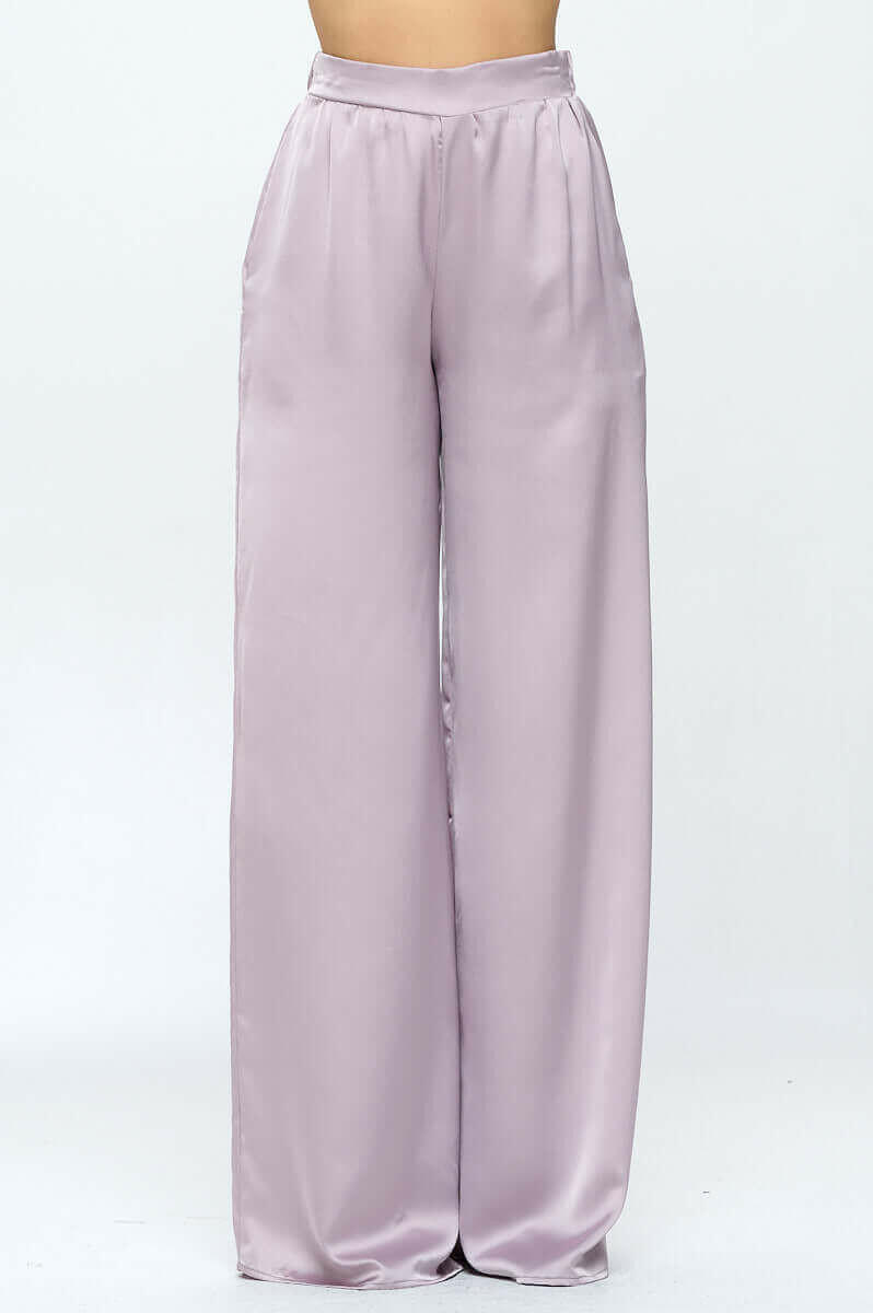 Stretch Satin Pants w/ Elastic Waist and Pockets