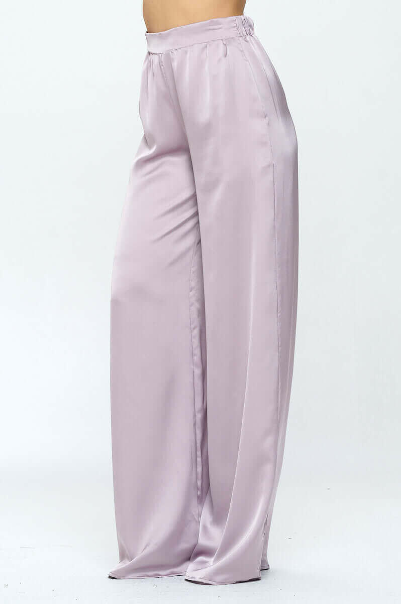 Stretch Satin Pants w/ Elastic Waist and Pockets.