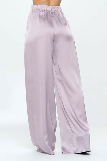 Stretch Satin Pants w/ Elastic Waist and Pockets.