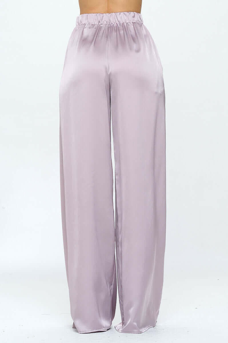 Stretch Satin Pants w/ Elastic Waist and Pockets.