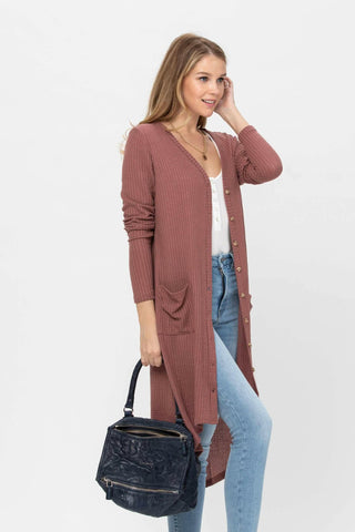 Long Sleeve Button Down Solid Color Knit Cardigans with Pockets.