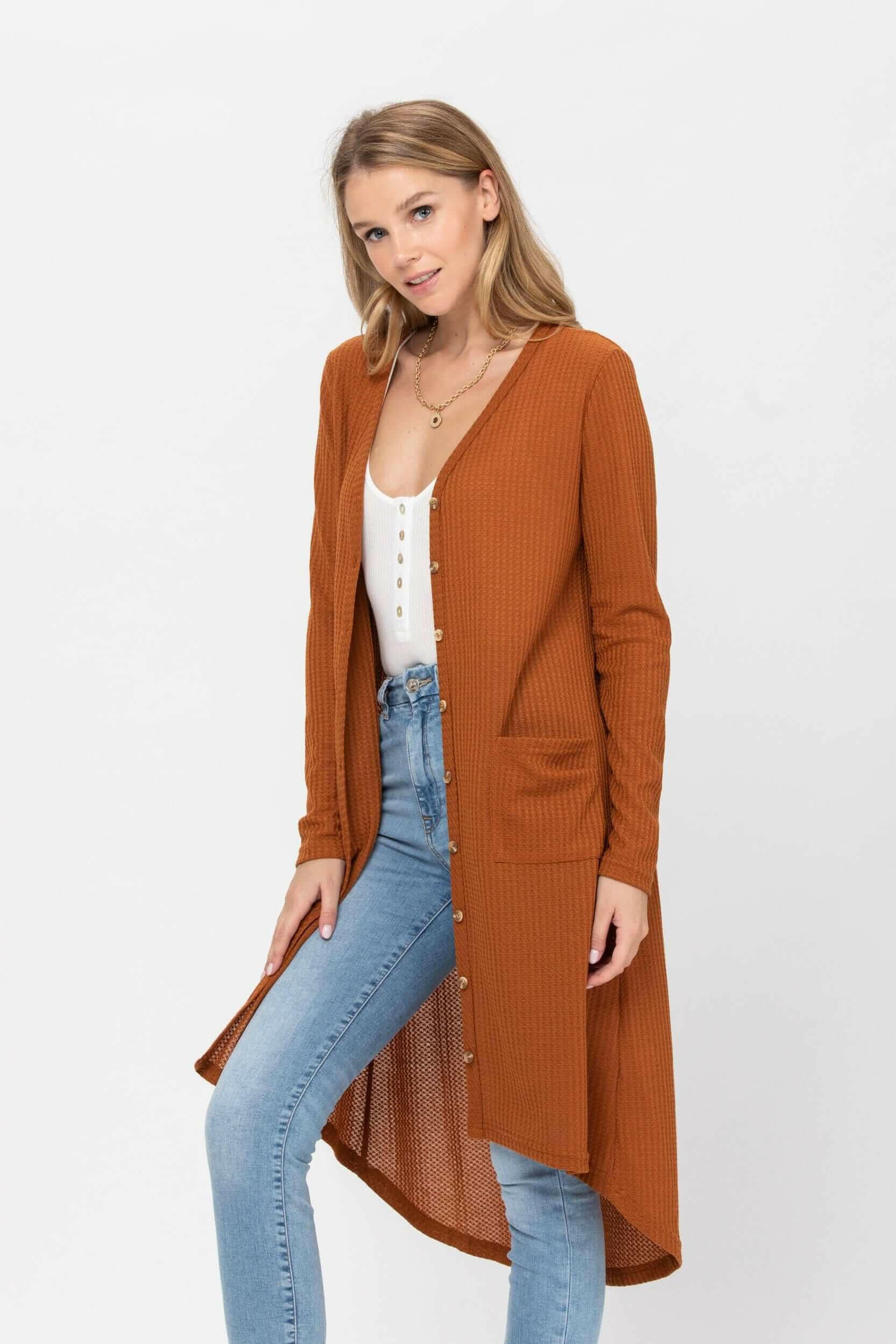 Long Sleeve Button Down Solid Color Knit Cardigans with Pockets.