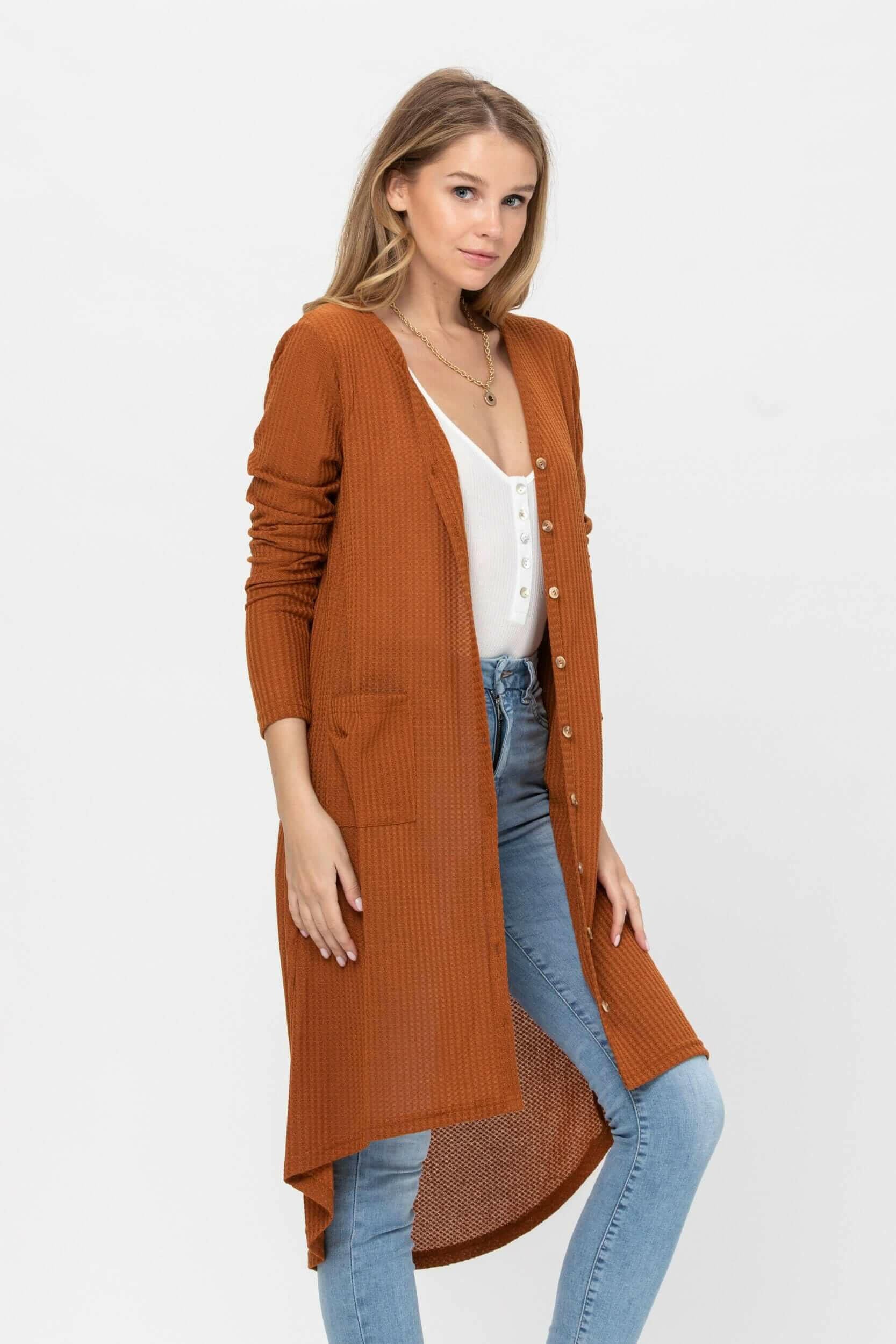 Long Sleeve Button Down Solid Color Knit Cardigans with Pockets.