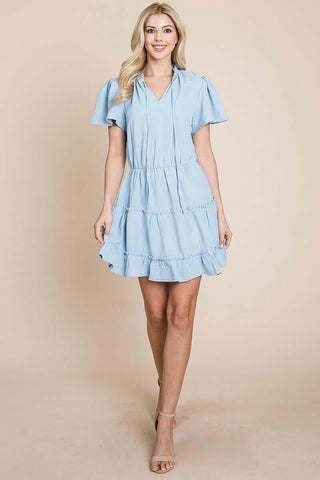 Tiered tie V neck Flutter Sleeve Flowy Tunic Dress.