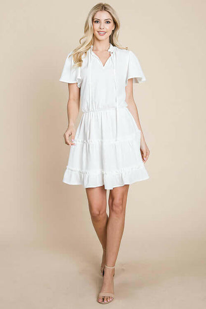 Tiered tie V neck Flutter Sleeve Flowy Tunic Dress.