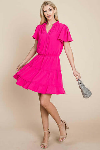 Tiered tie V neck Flutter Sleeve Flowy Tunic Dress.