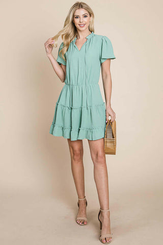 Tiered tie V neck Flutter Sleeve Flowy Tunic Dress.