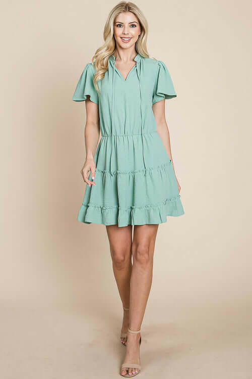 Tiered tie V neck Flutter Sleeve Flowy Tunic Dress.