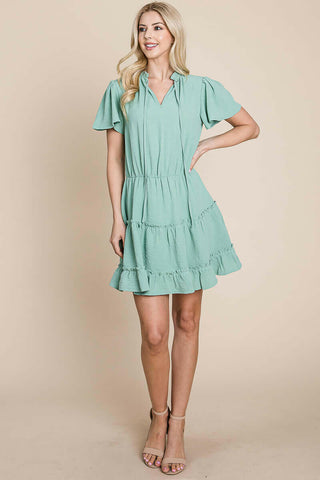 Tiered tie V neck Flutter Sleeve Flowy Tunic Dress.