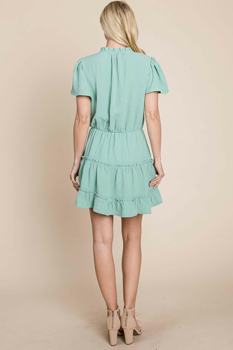 Tiered tie V neck Flutter Sleeve Flowy Tunic Dress.