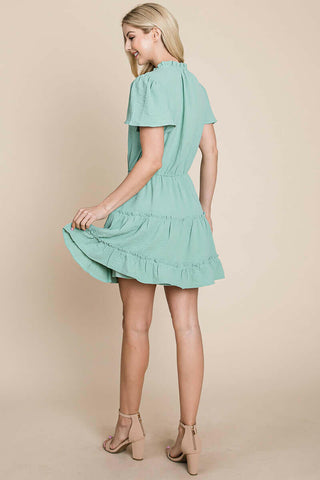 Tiered tie V neck Flutter Sleeve Flowy Tunic Dress.