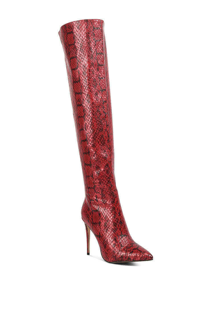 catalina snake print stiletto knee boots.