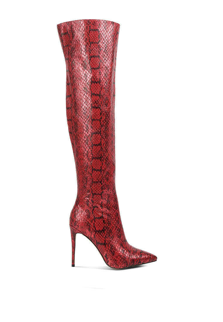 catalina snake print stiletto knee boots.