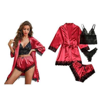 Women's Four-Piece Lace-Trimmed Satin Pajama Set.