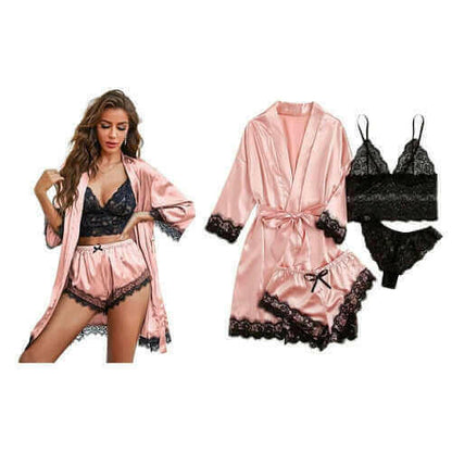 Women's Four-Piece Lace-Trimmed Satin Pajama Set.