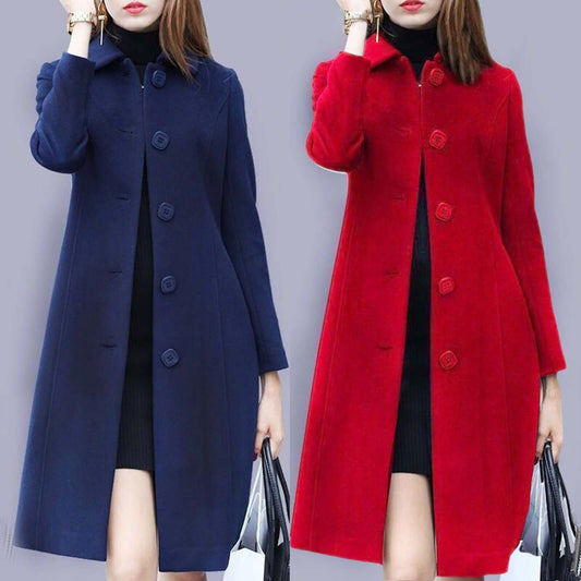 S 4XL Autumn Women Coat Mid Length Single Breasted Solid Color Turn