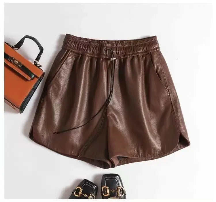 Casual Goatskin Shorts For Women Italian Fashion Wide Leg Slim Drawstring Genuine Leather Pants Mujer Black Pantalones Cortos