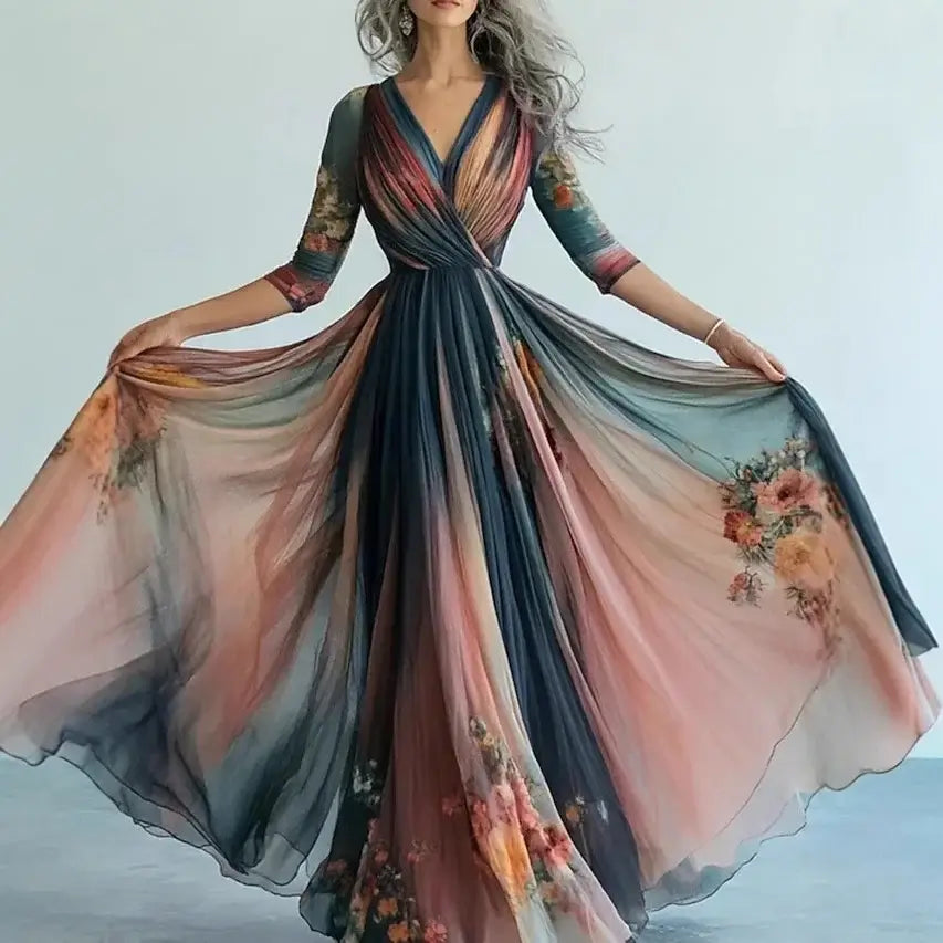 New Bohemian Style Long Sleeve Mesh Dress Vacation Vibes Full Skirt Chiffon Dress V-neck Ankle-length Regular Waistline