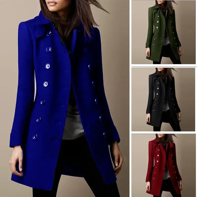 Winter Ladies Woolen Jackets Double Breasted Flap Lapel Lined Top Coat