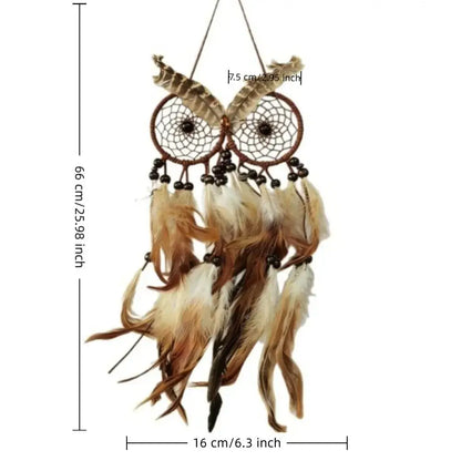 Nordic Style Owl Shaped Dream Catcher Handcrafted Brown Feathers Wind Chimes Circular Net Dreamcatcher Net Bedroom