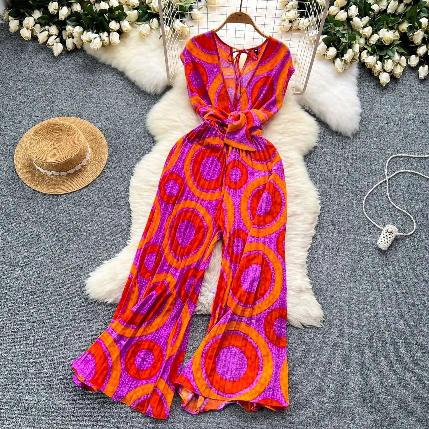 Chic Summer Jumpsuit - Abstract Print Wide Leg Romper