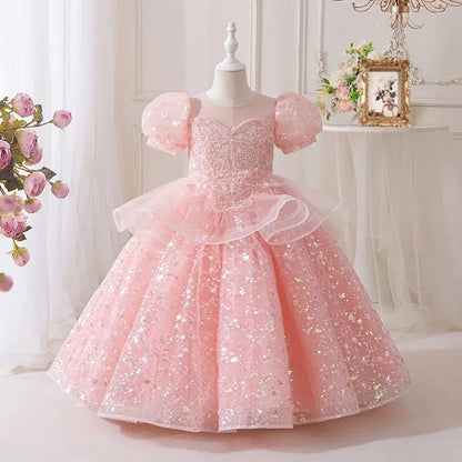 New High-End Luxury Flower Girl Wedding Show Performance Dress for Girls, Puff Sleeve Sequin Princess Dress